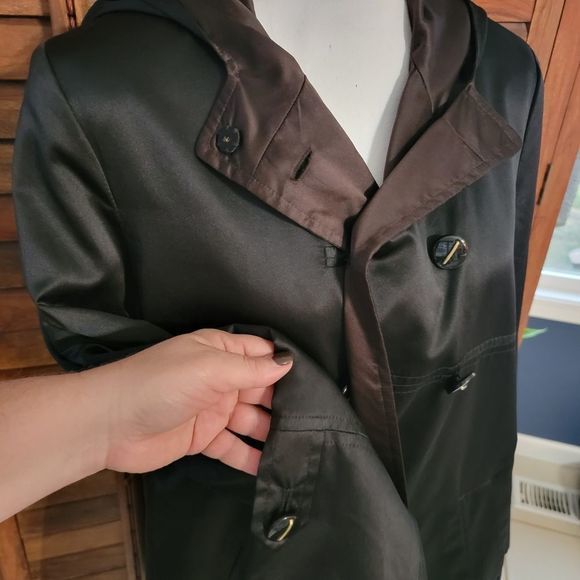 Larry Levine Sport long coat jacket black with brown lining gold buttons‎ sz med - Picture 4 of 8